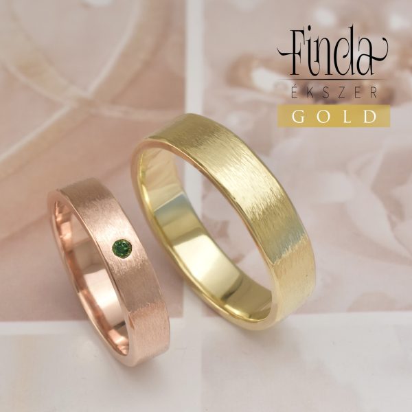 Rustic sárga és rozé arany jegygyűrűpár zöld gyémánttal Rustic sárga és rozé arany jegygyűrűpár zöld gyémánttal